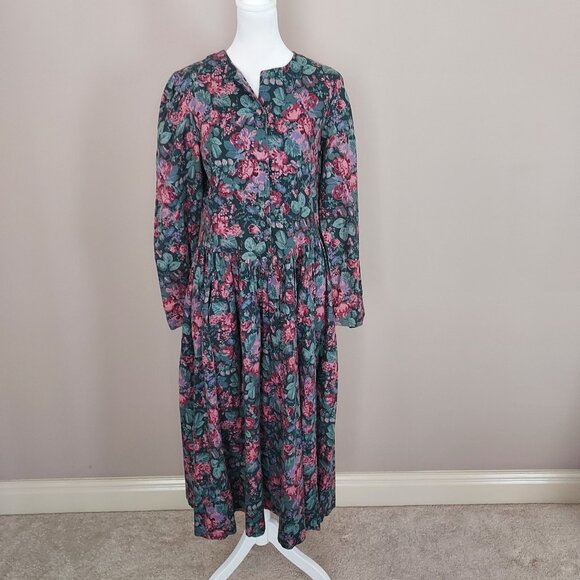 Vintage Laura Ashley Wool Blend Long Sleeve Basque Waist Floral Midi Dress Sz 12 - Picture 1 of 14
